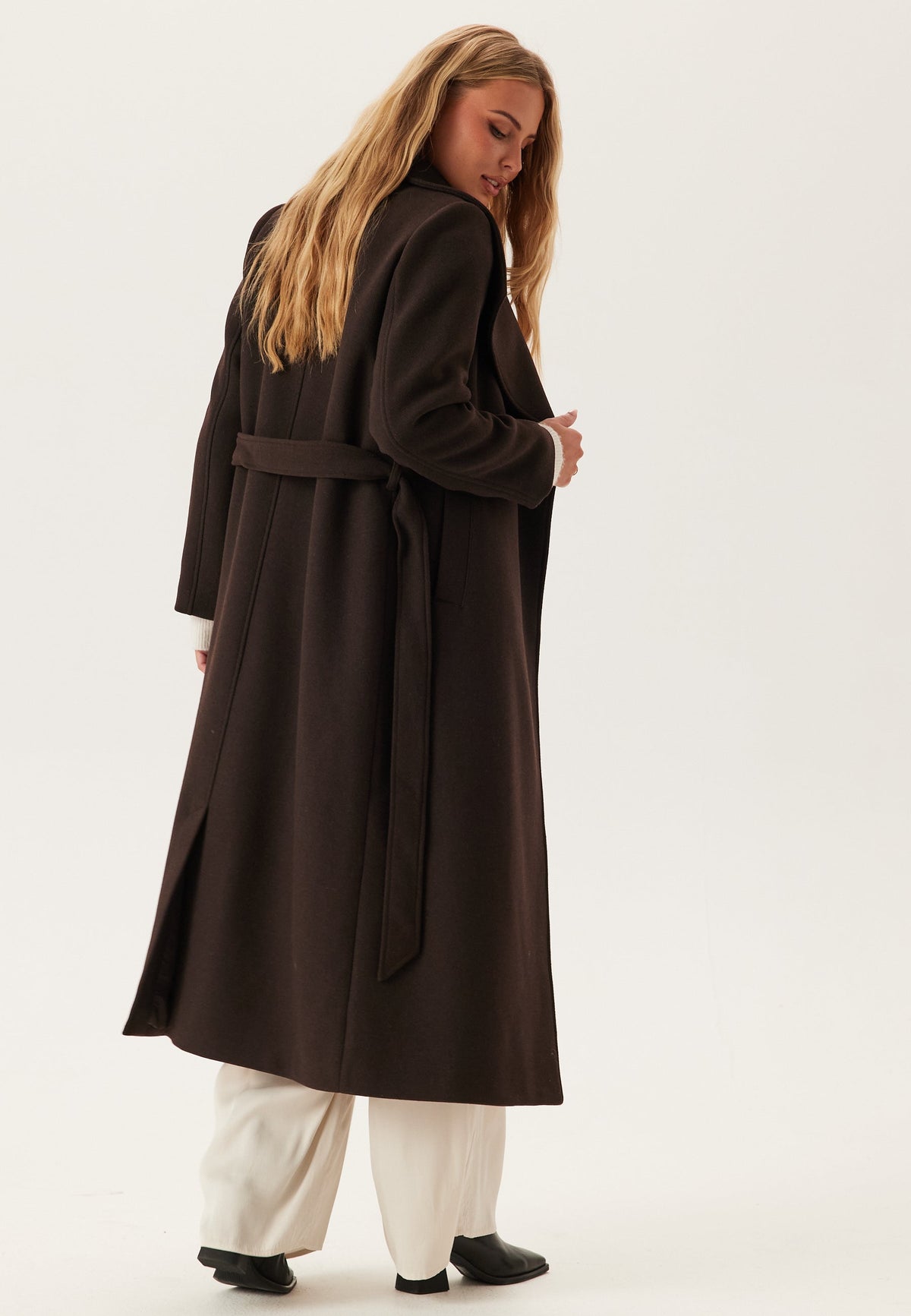 Longline Double-Breasted Wool-Look Coat With Belt
