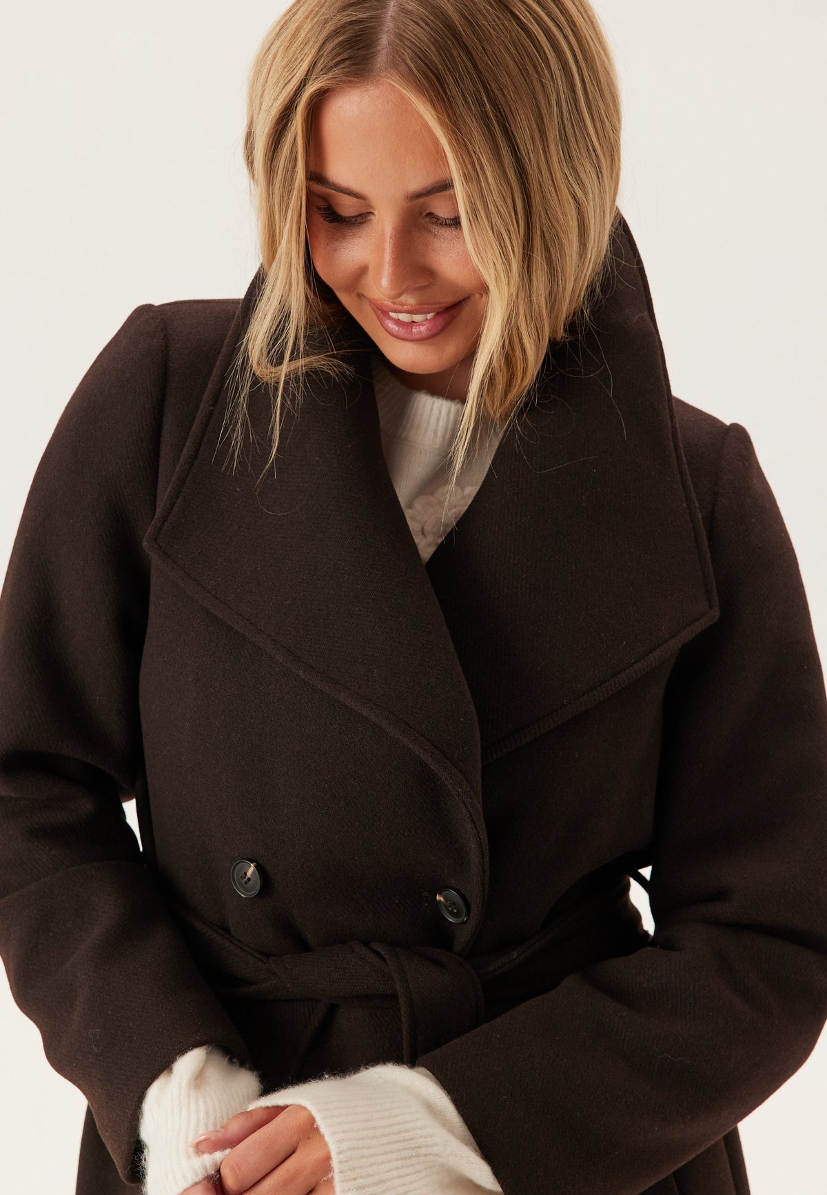 Longline Double-Breasted Wool-Look Coat With Belt