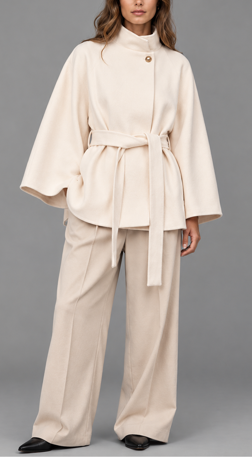 Belted Wool-Look Cape Coat With Funnel Neck