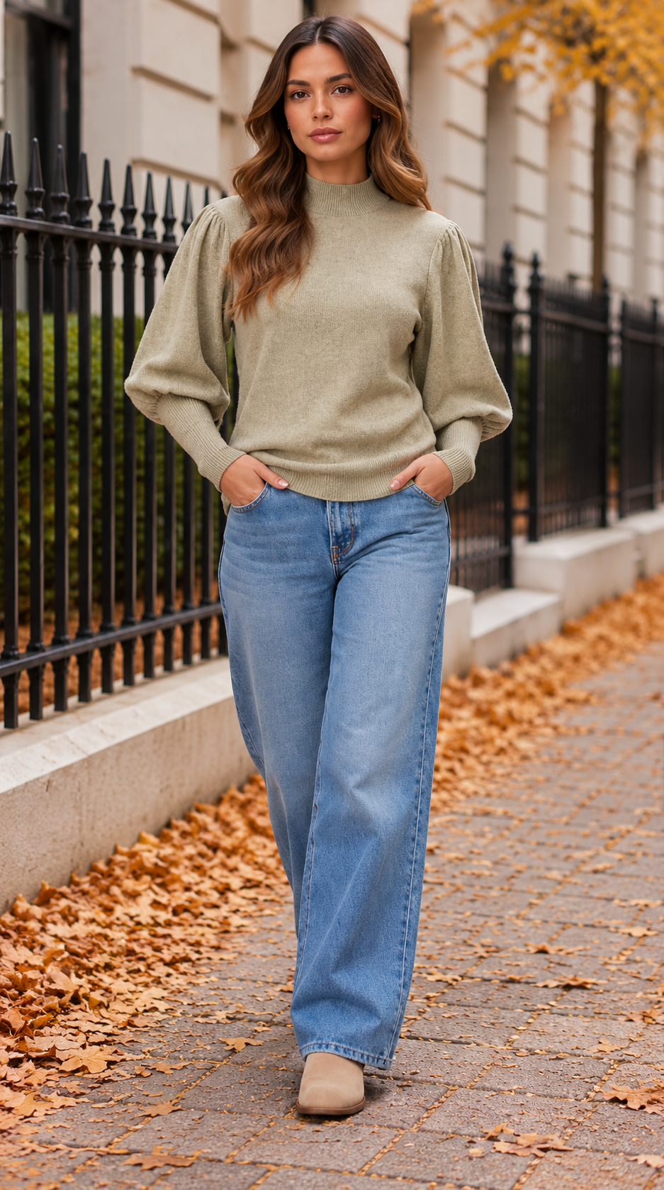 Mock Neck Knit Jumper With Balloon Sleeves