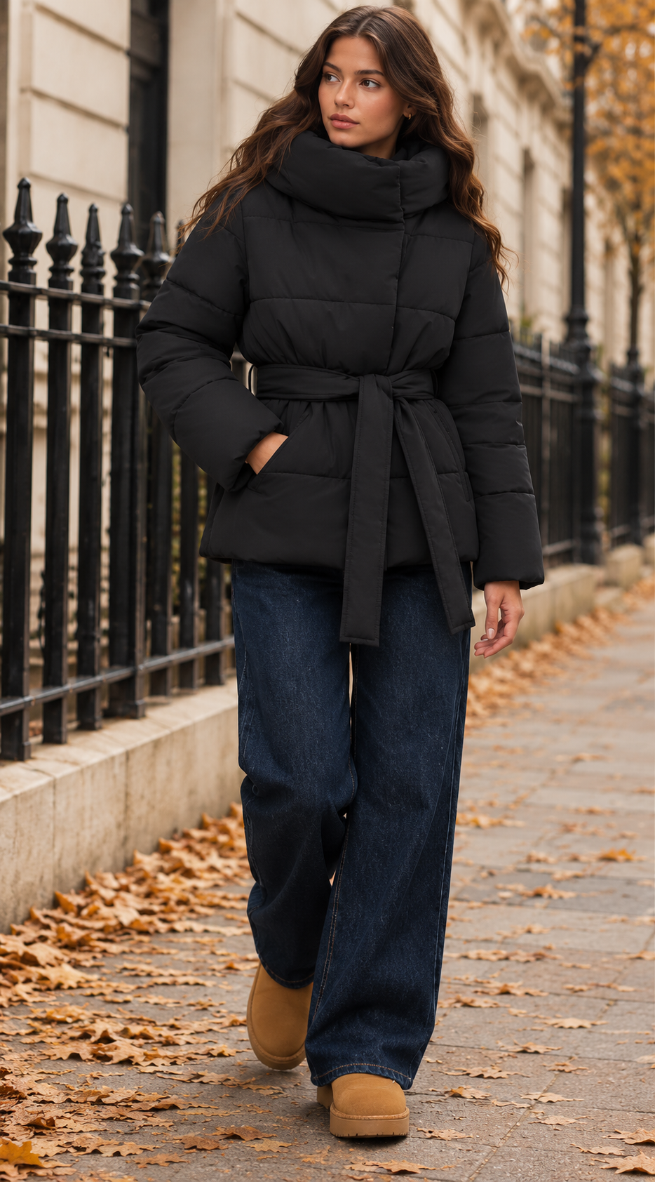 Belted Puffer Jacket With Oversized Funnel Neck