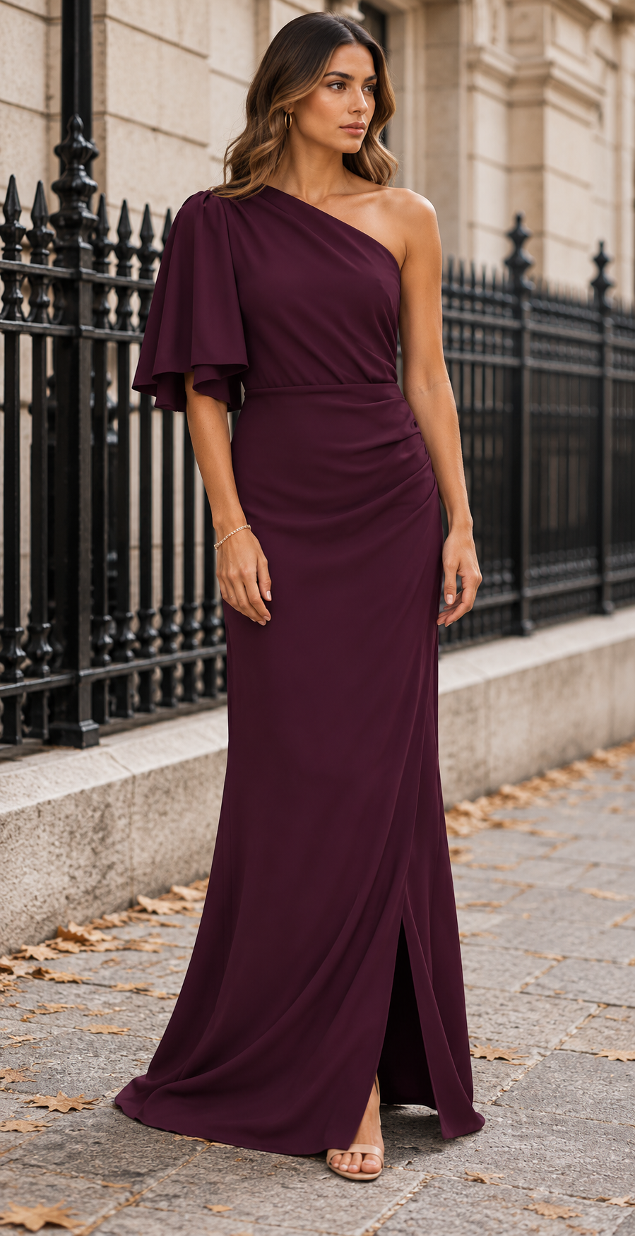 One-Shoulder Draped Maxi Dress With Flutter Sleeve