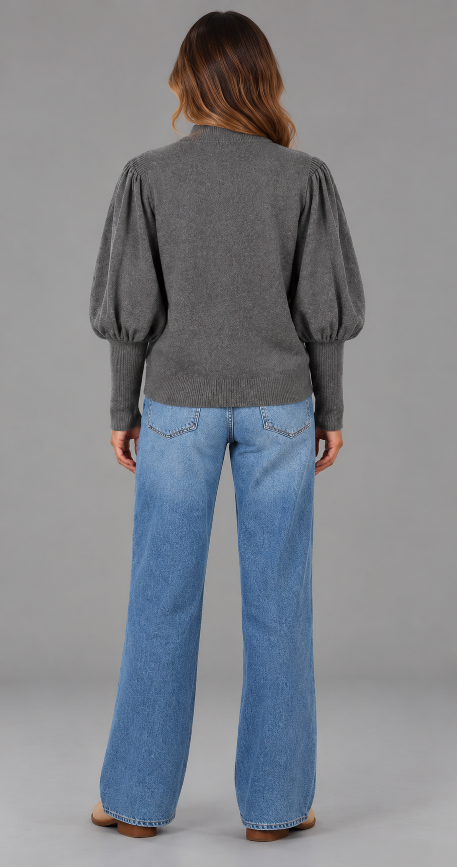 Mock Neck Knit Jumper With Balloon Sleeves