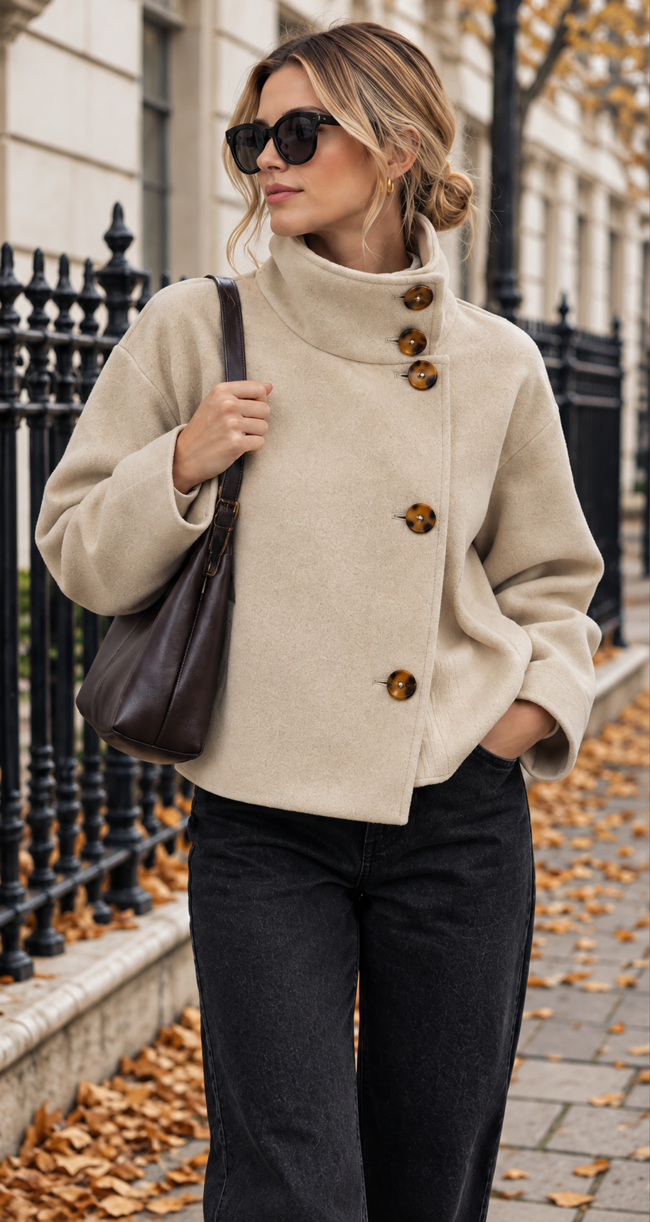 Funnel Neck Wool-Look Coat With Tortoiseshell Buttons