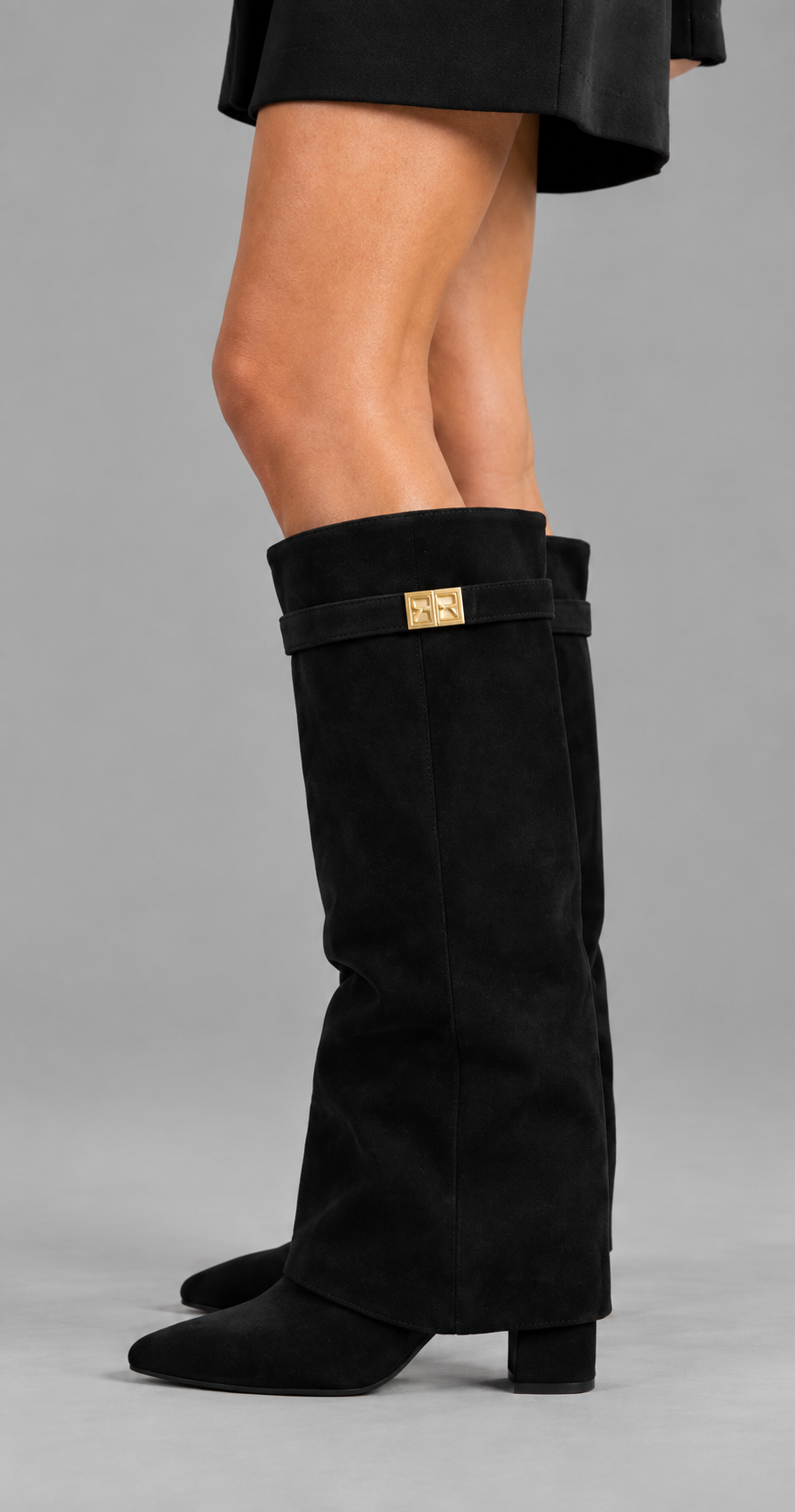 Faux Suede Fold-Over Knee-High Boots With Buckle