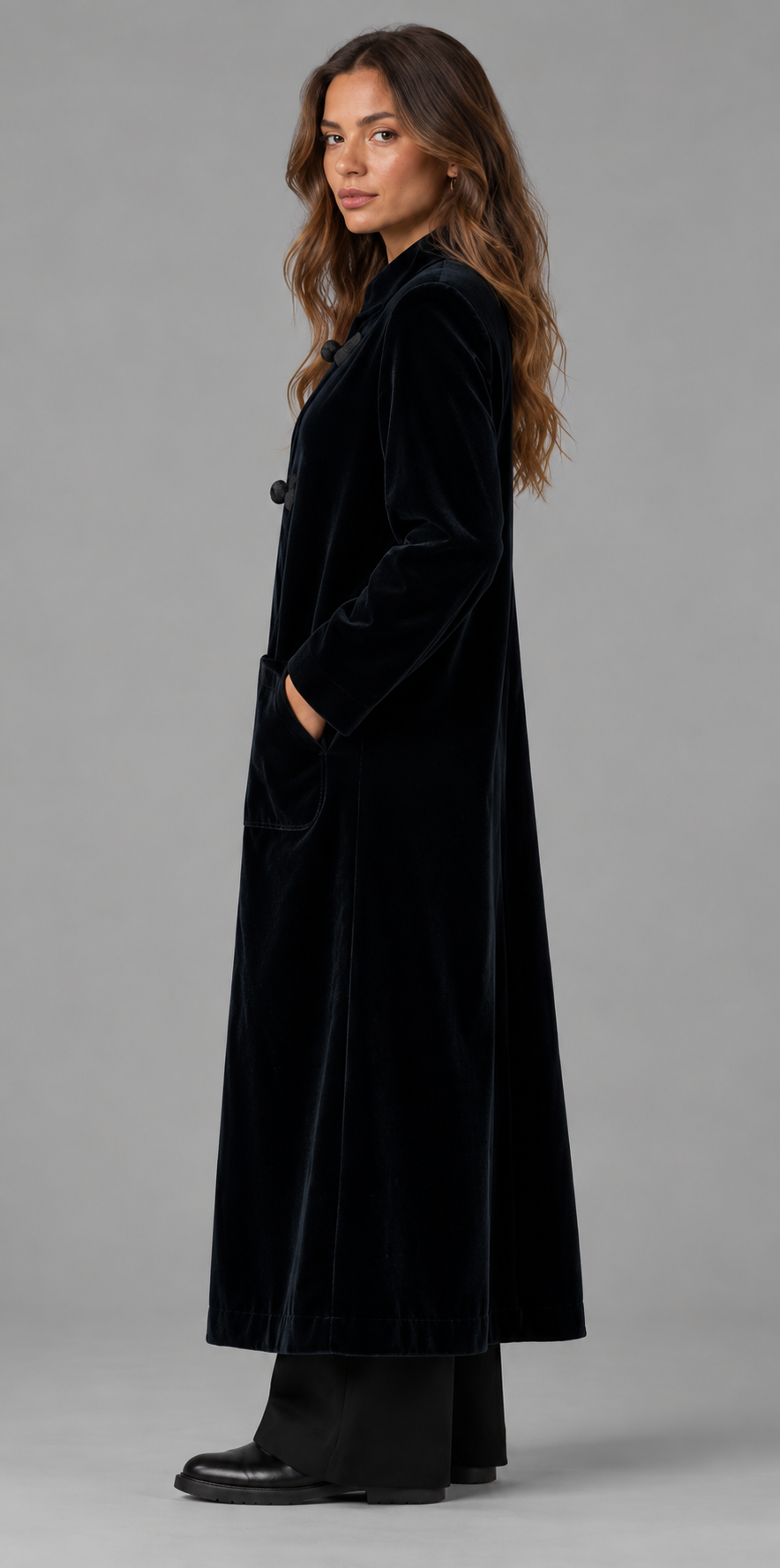 Longline Velvet Coat With Frog Fastening
