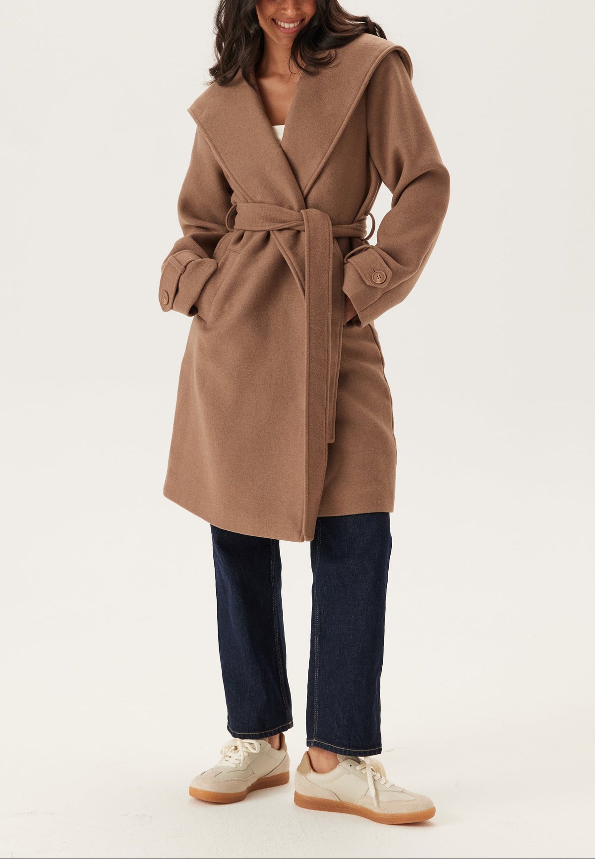 Belted Wool-Look Wrap Coat With Oversized Hood