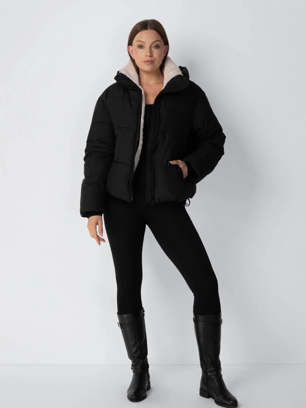 Cropped Fleece-Lined Puffer Jacket With High Collar
