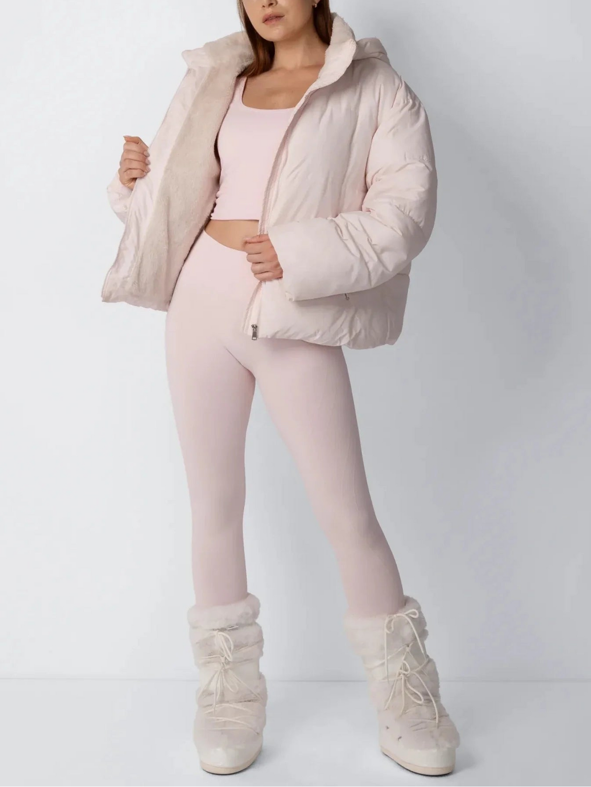 Cropped Fleece-Lined Puffer Jacket With High Collar